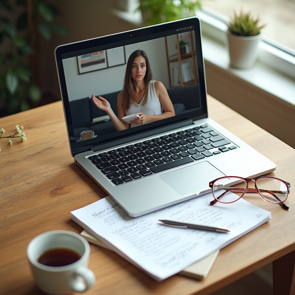 Laptop showing a live webinar with a printed notes worksheet on a desk