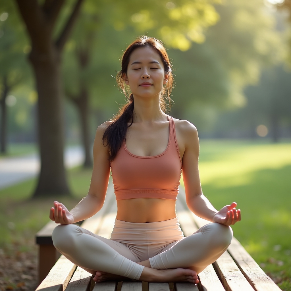 Person practicing a calm breathing exercise outdoors during a stress management discussion